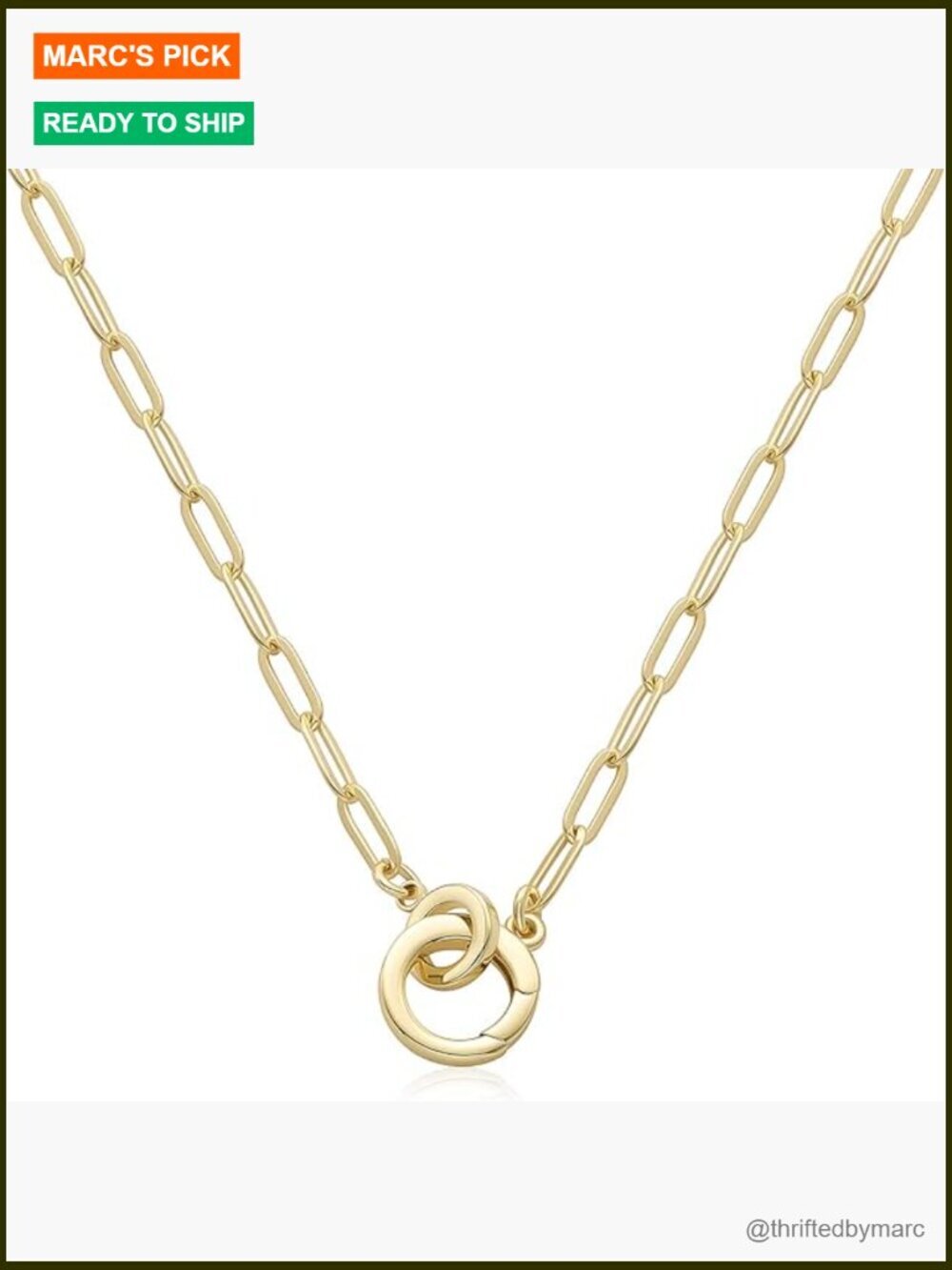 14K Gold Plated Paperclip Chain Necklace with Interlocking Circles Pendant,